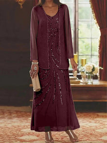 Jungmin - Chiffon Kleid Set – Burgund