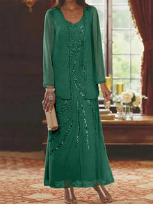 Jungmin - Chiffon Kleid Set – Dunkelgrün