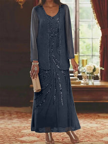 Jungmin - Chiffon Kleid Set – Marineblau