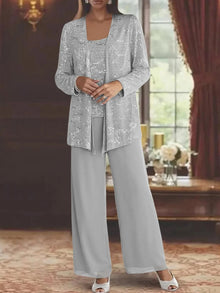 Gimena – Set Aus Glitzer-strickjacke Und Hose – Hellgrau