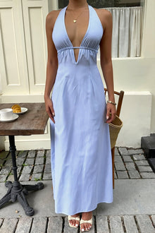 Sexy Streifen Halter Maxikleid rückenfrei mit Schnürung – Blau