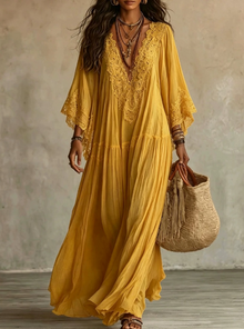 Ainura - Langes Kleid Aus Elfenbeinfarbenem Chiffon Und Spitze – Gelb