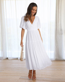 Elia- Kleid mit V-Ausschnitt und Puffärmeln – Weiß
