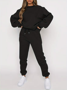 Oversized Rundhals-Langarm-Pullover Und Jogginghose Mit Kordelzug Für Damen | Ideal für Outdoor-Aktivitäten – Schwarz