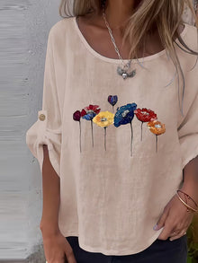 Sheril – Lockeres Oberteil mit Rollkragen und Ärmeln im Blumenmuster – Aprikose