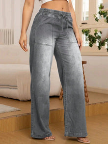 Verstellbare Kordelzug Taille Weite Bein Jeans für Frauen – Grau