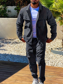 Moderner Langarm-Trainingsanzug mit Reißverschluss, Brusttaschen und Kordelzughose für Herren | Perfekt für Outdoor-Aktivitäten – Dunkelgrau