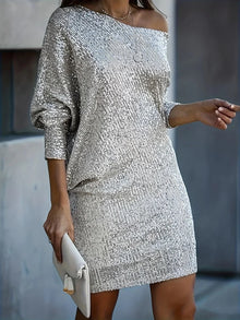 Casual Kontrast Pailletten V-Ausschnitt Langarm Party Trage Formelles Kleid Für Damen | Für formelle Anlässe – Hellgrau