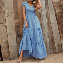 Bohemien Kleid mit V Ausschnitt und Blumenprint kurze Ärmel – Blau