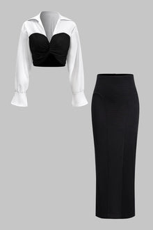 Martina | Elegantes Zweiteiler-Set mit Corsagen-Bluse & Bleistiftrock – Schwarz
