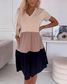 Alva | Farbblock Freizeitkleid mit kurzen Ärmeln – Khaki