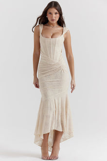 Spitzen-Maxikleid mit Drapierung | Romantischer Look | Feminine Eleganz – Beige