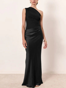 One Shoulder plissiertes Party Maxikleid – Schwarz