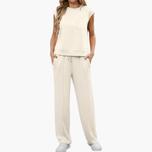 Zweiteiliges Sommer Set für Damen mit Kappärmeln und Taschen – Aprikose