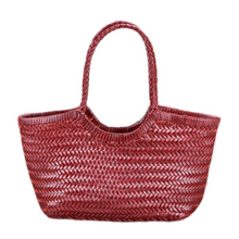 Lena | Braun Geflochtene Leder-Shopper – Rustikal & Stilvoll – Burgunderrot