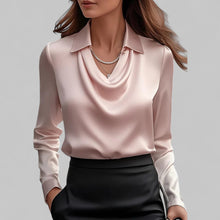 Rose Damen langärmelige Satinbluse mit Drapierung – Pink