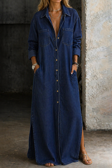 Noshina – Maxi-Kjole I Denim Med Knapper Foran – Marineblau