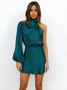 Damen One-Shoulder Satin Kleid – Eleganter Schnitt mit Schlitz – Für Partys – Multiblau