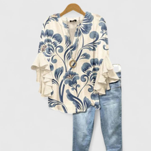 Viviane | Damen Blumen Rüschenärmel Casual Top – Weiß Blau