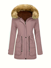 Fleece-Parka-Winterjacke mit veganer Fell-Kapuze für Damen, lässig | Perfekt für den Winter – Blassrosagrau