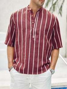 Samuel | Kurzarm-Henley-Sommerhemd mit Streifenmuster – Burgundisch