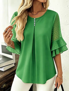 Hurley – Bluse Mit Rundhalsausschnitt Und Transparenten Rüschenärmeln – Grün
