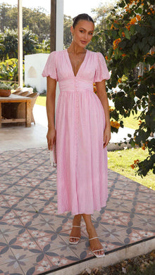 Sommerkleid Damen V-Ausschnitt Puffärmel Tailliert – Rosa