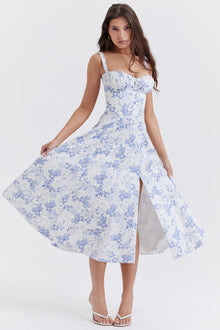 Floraviva™ – Kleid Damen Hochzeitsgast mit Floral Print – Weiß Blau