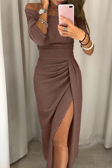 Bethney - Glamouröses schulterfreies Damenkleid – Braun