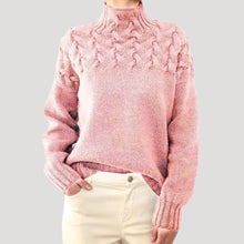 Nicole | Damen Frühlings Strickpullover mit Zopfmuster und hohem Kragen – Hellrosa