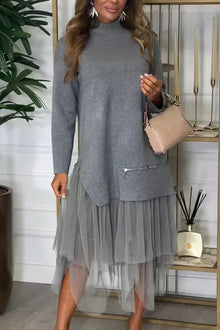 Kleid mit Rollkragen | Tüllrock | Layering-Design mit Reißverschlussdetail – Grau