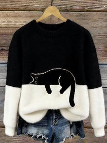 Aiste - Lässiger Pullover Mit Katzenmotiv – Schwarz