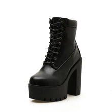 Damen Schnürstiefeletten – Plateau-Stiefel mit Blockabsatz und Robuster Sohle in Beige und Schwarz – Schwarz