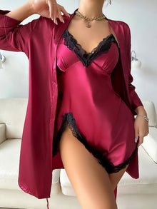 Bequemes Satin Robe Und V-Ausschnitt Slip Kleid Pyjama Set Für Damen | Ideal für jede Jahreszeit – Rot