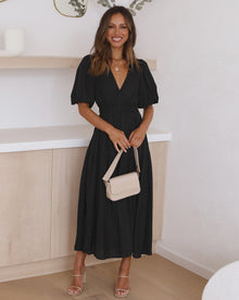 Elia- Kleid mit V-Ausschnitt und Puffärmeln – Schwarz