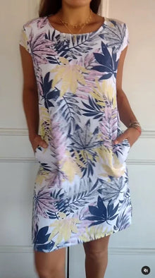 Damen Baumwolle Leinen Bedrucktes Sommerkleid mit Taschen – Rosa Druck