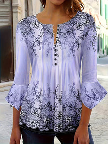Mesley – Bluse Med Halvlange Ærmer, Blomsterprint Og Flæsekant – Lilla