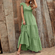 Bohemien Kleid mit V Ausschnitt und Blumenprint kurze Ärmel – Grün
