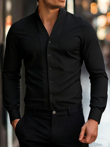 Almasbek - Langärmliges Hemd Mit V-Ausschnitt in Slim Fit Passform – Schwarz