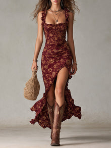 Maya™ | Boho Retro Rüschensleeves Maxikleid mit hohem Schlitz – Kastanienrot