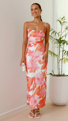 Figurbetontes Maxikleid – Sommerkleid mit Spaghettiträgern & Blumenprint – ORANGE