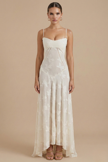 Damen Maxikleid mit Blumenmuster, Spaghettiträgern und taillierter Passform – Weiß