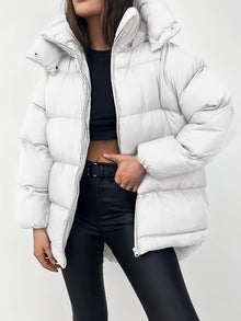 Warme elegante Puffer-Winterjacke mit Kapuze für Damen | Ideal für Winter – Elfenbeinweiß