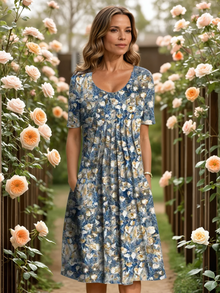 MARGA | ELEGANTES KLEID MIT BAUCHABDECKUNG – Floral Hellblau