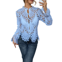 Aurelia | Damen Spitzenbluse Langarm Ausschnitt-Muster Elegant – Blau