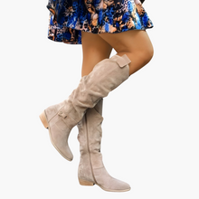 Kniehohe Stiefel - für Damen mit Blockabsatz und Reißverschluss – Beige