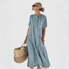Elisa | Damen Lockeres Taschen Bindekragen Midi Kleid – Blau