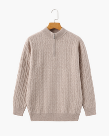 Roman | Chunky knit Herren Chasmere Pullover mit Kabelstrickmuster & Halb Reißverschluss Kragen – Beige