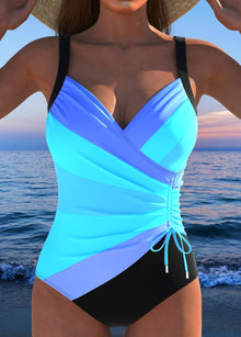 Eleganter Surplice-Badeanzug mit auffälligem buntem Druck – Blau