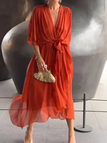 Astrid | Zeitlose Wrap Midi-Kleid – Rød Orange